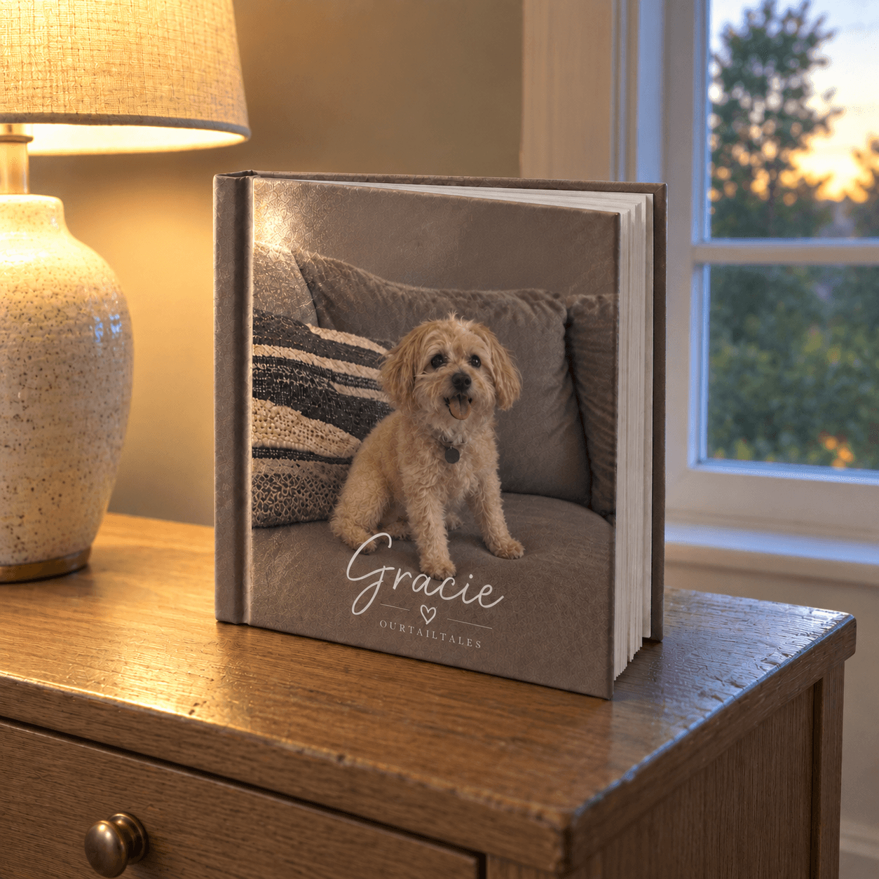 A hardcover pet memoir book standing on a dresser, with a dog named Gracie on the cover